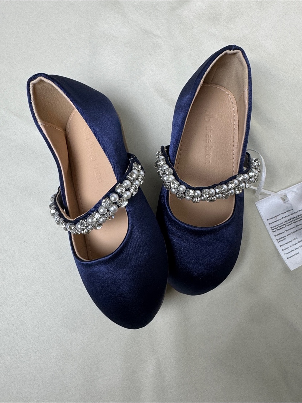 Girls' Navy Satin Mary Jane Dress Shoes with Pearl & Rhinestone Strap - Picture 4 of 8